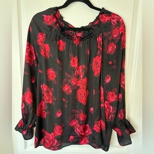 Talbots Black and Red Floral Blouse XLp EUC